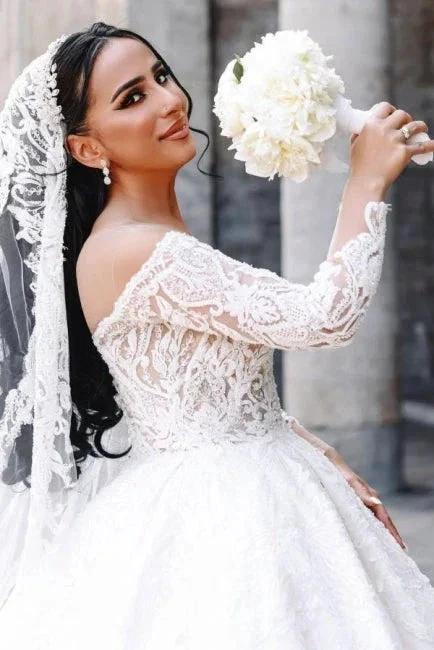 Ball Gown Sweetheart Long Sleeve Floor-Length Stain Wedding Dresses with Lace by misshow.com