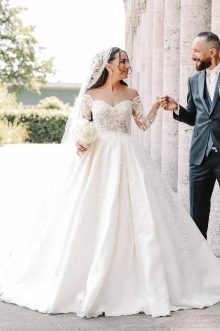 Ball Gown Sweetheart Long Sleeve Floor-Length Stain Wedding Dresses with Lace by misshow.com