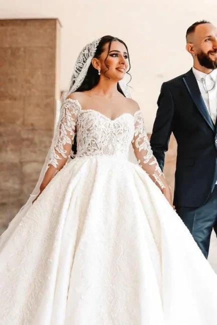 Ball Gown Sweetheart Long Sleeve Floor-Length Stain Wedding Dresses with Lace by misshow.com