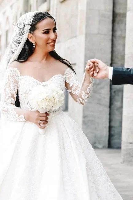Ball Gown Sweetheart Long Sleeve Floor-Length Stain Wedding Dresses with Lace by misshow.com