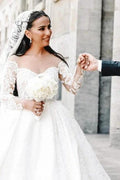 Ball Gown Sweetheart Long Sleeve Floor-Length Stain Wedding Dresses with Lace by misshow.com