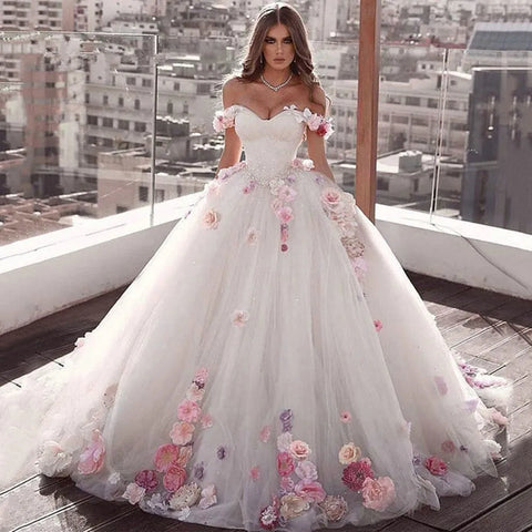 Ballkleid Brautkleider 2023 Schatz Off Schulter 3D Blume Brautkleid Sweep Zug Plus Größe robe de soirée de mariage 