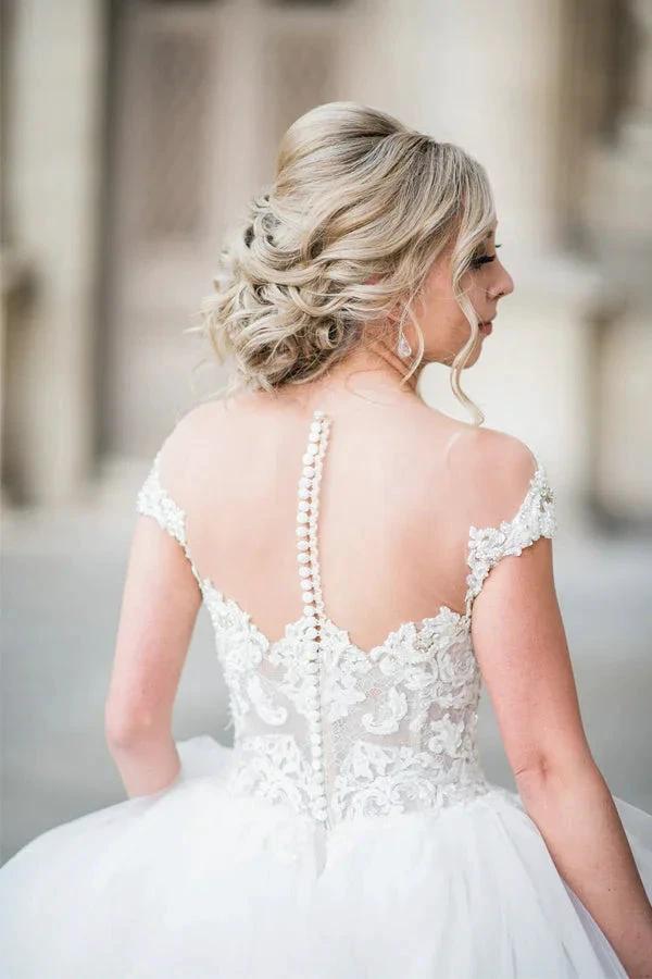 Ball Gown Elegant Cap Sleeves Lace Tulle Wedding Dress WD692 by pgmdress