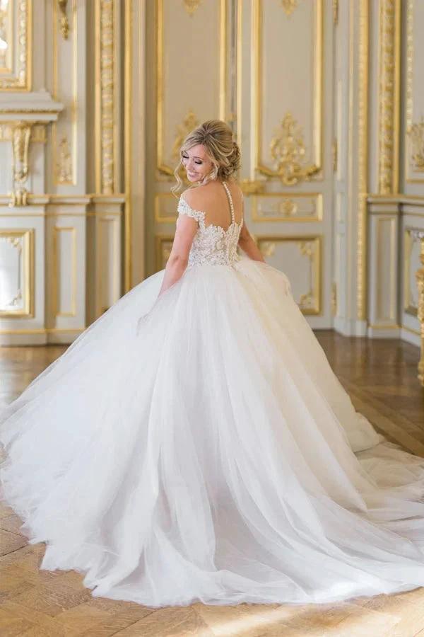 Ball Gown Elegant Cap Sleeves Lace Tulle Wedding Dress WD692 by pgmdress
