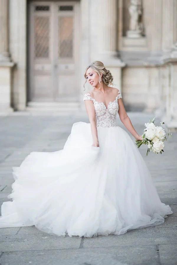Ball Gown Elegant Cap Sleeves Lace Tulle Wedding Dress WD692 by pgmdress