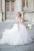 Ball Gown Elegant Cap Sleeves Lace Tulle Wedding Dress WD692 by pgmdress