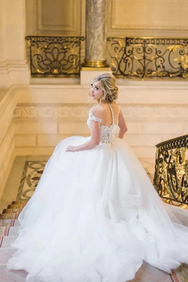 Ball Gown Elegant Cap Sleeves Lace Tulle Wedding Dress WD692 by pgmdress