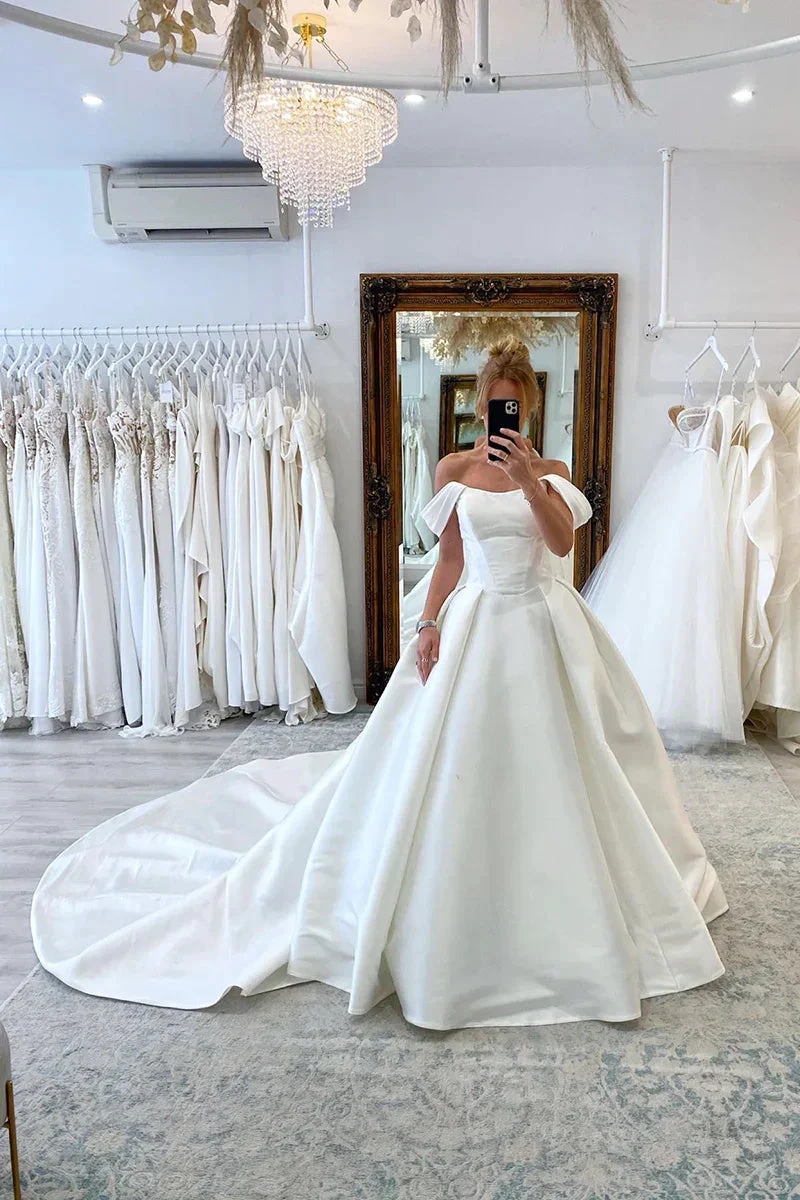 Ball Gown Off The Shoulder Satin Simple Wedding Dress Bridal Gown WD649 by pgmdress