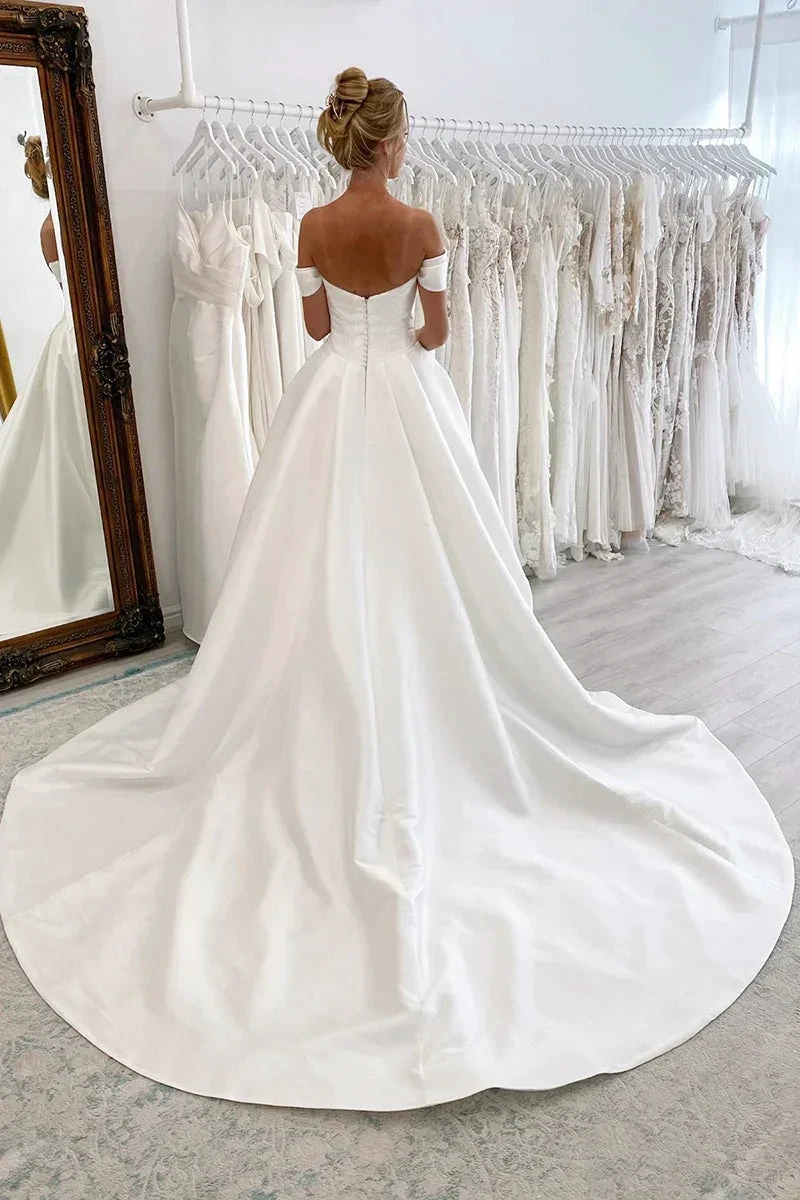 Ball Gown Off The Shoulder Satin Simple Wedding Dress Bridal Gown WD649 by pgmdress