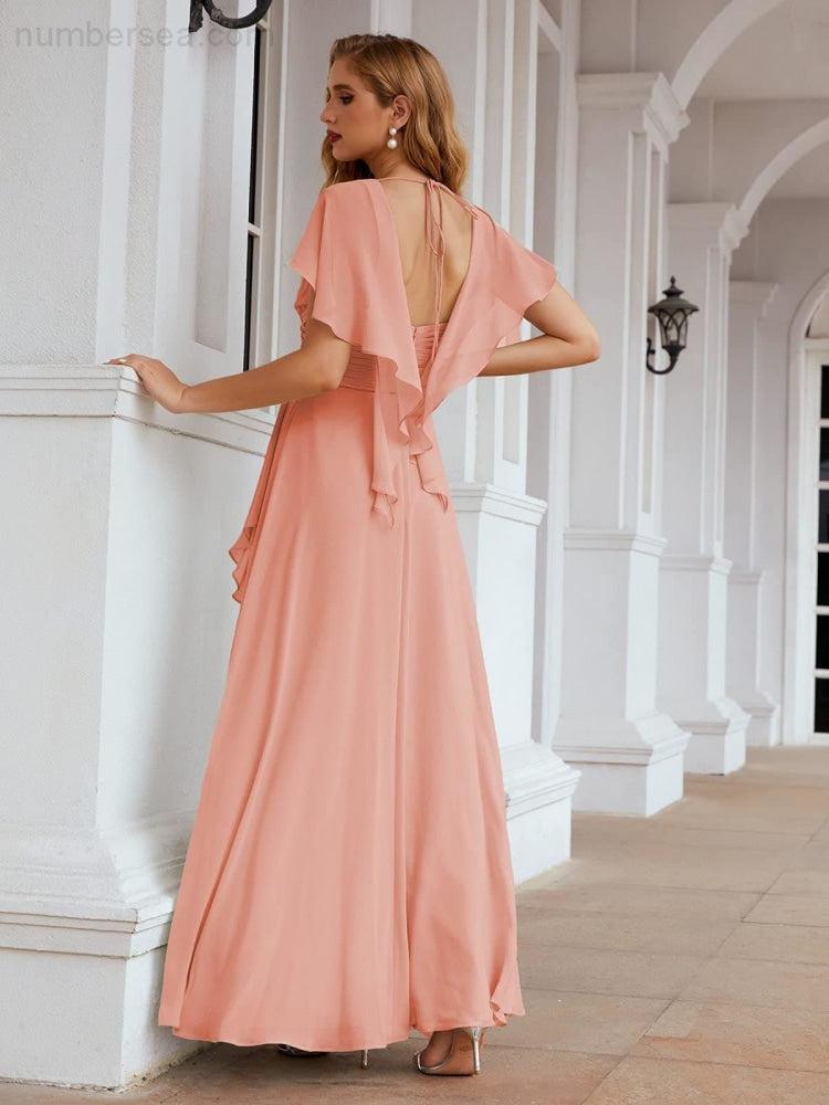 Numbersea Chiffon Bridesmaid Dresses Long Formal Evening Prom Mother of The Bride Dress with Flutter Sleeve     SEA28040