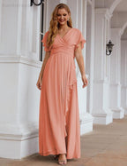 Numbersea Chiffon Bridesmaid Dresses Long Formal Evening Prom Mother of The Bride Dress with Flutter Sleeve     SEA28040