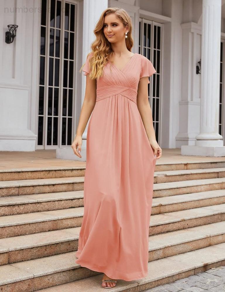 Numbersea Chiffon-Brautjungfernkleid mit kurzen Ärmeln, Maxikleid, Abendkleid, Partykleid, Hochzeitskleid, Mutter-der-Braut-Kleid für Damen SEA28047 