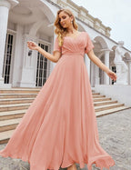 Numbersea Wrap V-Neck Chiffon Bridesmaid Dresses Long Formal Maxi Evening Gown for Wedding Guests  SEA28049