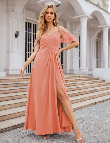 Numbersea Chiffon Cold Shoulder Long Bridesmaid Dresses Plus Size Formal Prom Gowns for Women Party Wedding  SEA28070