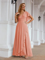 Numbersea Chiffon Bridesmaid Dresses Long Formal Evening Prom Mother of The Bride Dress with Flutter Sleeve     SEA28040