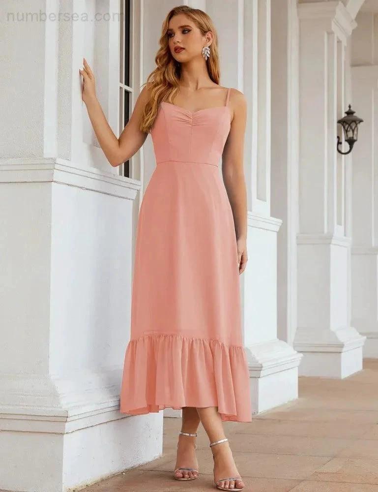 Numbersea Spaghetti Strap Chiffon Bridesmaid Dress Ankle Length Formal A Line Cocktail Party Homecoming Dress for Juniors SEA28028 by numbersea