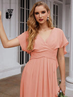 Numbersea Chiffon Bridesmaid Dresses Long Formal Evening Prom Mother of The Bride Dress with Flutter Sleeve     SEA28040