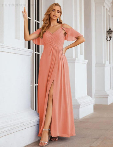 Numbersea Chiffon Cold Shoulder Long Bridesmaid Dresses Plus Size Formal Prom Gowns for Women Party Wedding  SEA28070