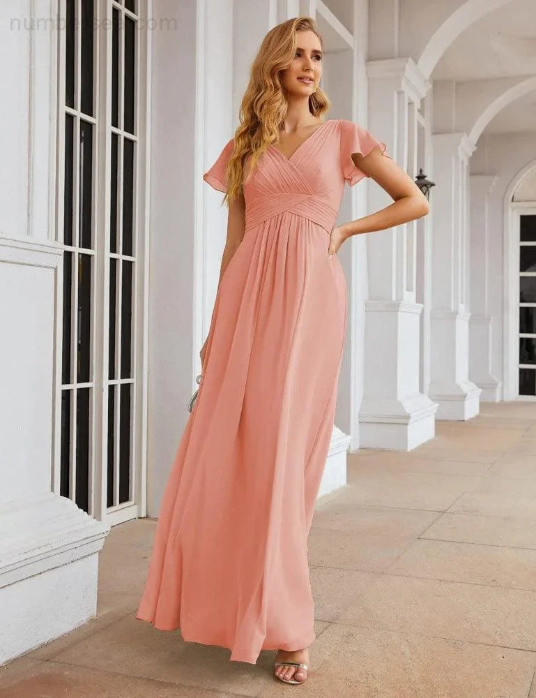 Numbersea Chiffon-Brautjungfernkleid mit kurzen Ärmeln, Maxikleid, Abendkleid, Partykleid, Hochzeitskleid, Mutter-der-Braut-Kleid für Damen SEA28047 