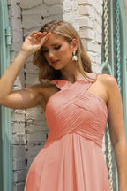 Vestido de dama de honor de gasa con cuello halter para mujer de Numbersea, corte A, largo, formal, para fiesta de graduación, SEA28015 