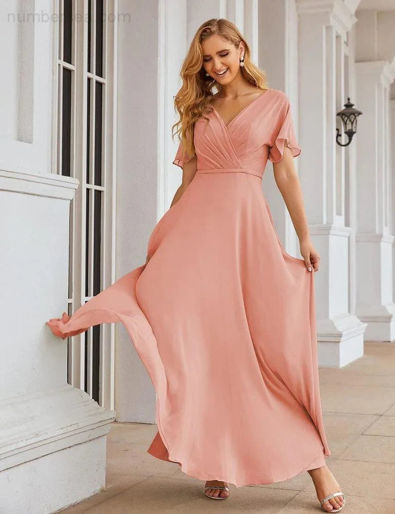 Numbersea Wrap V-Neck Chiffon Bridesmaid Dresses Long Formal Maxi Evening Gown for Wedding Guests  SEA28049