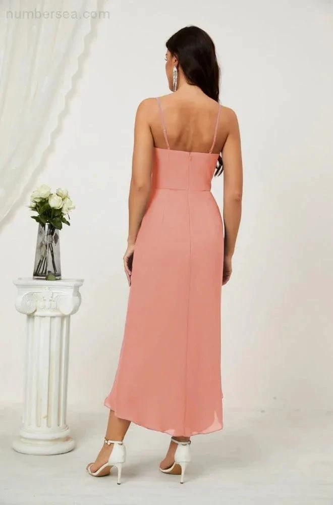 Numbersea Spaghetti Chiffon V Neck Bridesmaid Dress Mid-Length Slit Formal Prom Dress Homecoming Dress 2803 by numbersea