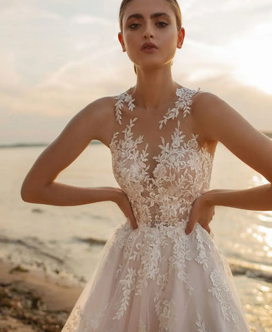 Strand A-Linie Brautkleider Oansatz Ärmellos Vestidos De Novia Maßgeschneiderte Applikationen Vestido De Noiva 