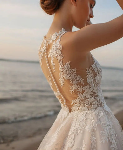 Strand A-Linie Brautkleider Oansatz Ärmellos Vestidos De Novia Maßgeschneiderte Applikationen Vestido De Noiva 