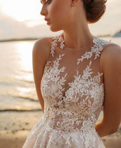 Strand A-Linie Brautkleider Oansatz Ärmellos Vestidos De Novia Maßgeschneiderte Applikationen Vestido De Noiva 