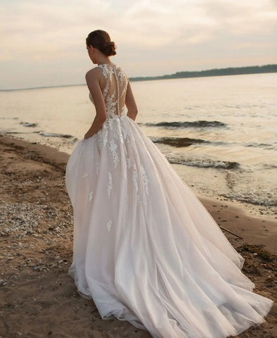 Strand A-Linie Brautkleider Oansatz Ärmellos Vestidos De Novia Maßgeschneiderte Applikationen Vestido De Noiva 