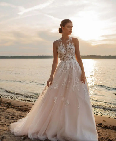 Strand A-Linie Brautkleider Oansatz Ärmellos Vestidos De Novia Maßgeschneiderte Applikationen Vestido De Noiva 