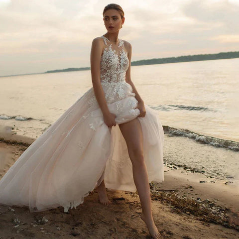 Strand A-Linie Brautkleider Oansatz Ärmellos Vestidos De Novia Maßgeschneiderte Applikationen Vestido De Noiva 