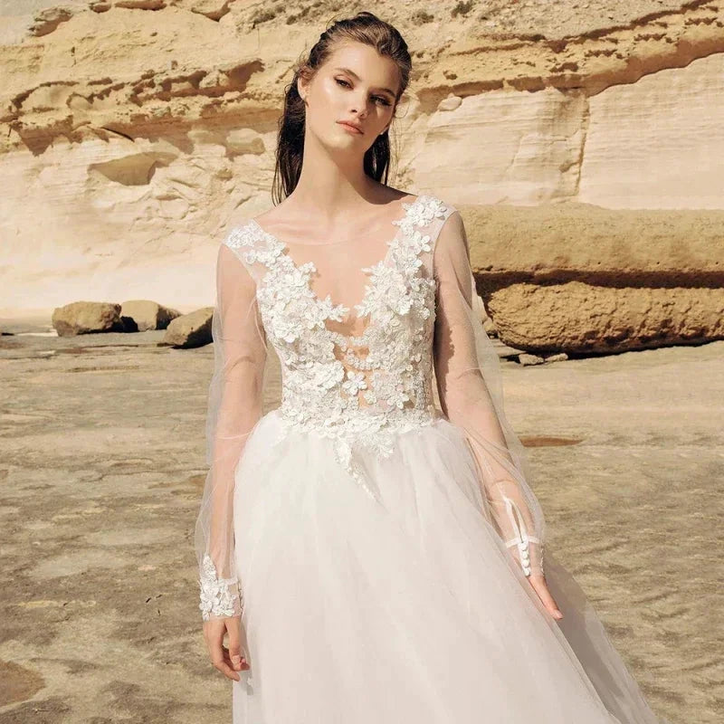 Beach Ivory Lace Wedding Dresses Illusion Long Sleeves Bridal Gowns Jewel Neck Backless Appliqued Tulle A-Line Floor Length by payinti
