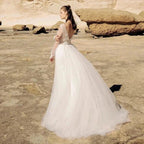 Beach Ivory Lace Wedding Dresses Illusion Long Sleeves Bridal Gowns Jewel Neck Backless Appliqued Tulle A-Line Floor Length by payinti