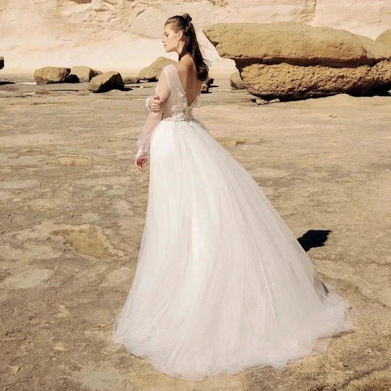 Beach Ivory Lace Wedding Dresses Illusion Long Sleeves Bridal Gowns Jewel Neck Backless Appliqued Tulle A-Line Floor Length by payinti