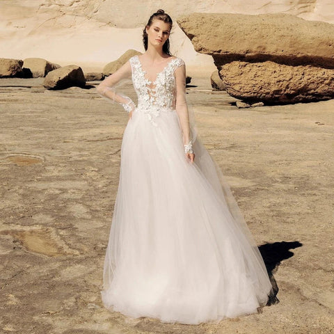 Strand Elfenbein Spitze Brautkleider Illusion Lange Ärmel Brautkleider Jewel Neck Rückenfrei Applizierte Tüll A-Linie Bodenlang 