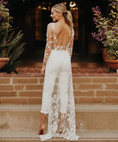 Strand Sexy Open Back Hosenanzug Brautkleider Für Frauen Applique Spitze Lange Ärmel Brautkleider Günstige Neue Vestido De Novia