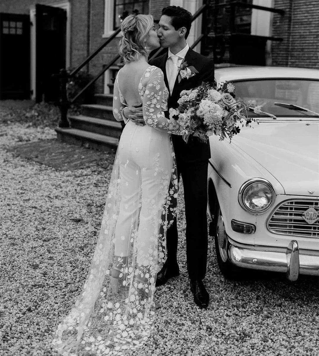 Beach Sexy Open Back Pants Suit Wedding Dresses For Women Applique Lace Long Sleeves Bridal Gowns Cheap New Vestido De Novia by payinti
