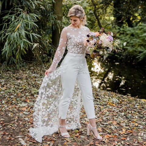 Strand Sexy Open Back Hosenanzug Brautkleider Für Frauen Applique Spitze Lange Ärmel Brautkleider Günstige Neue Vestido De Novia