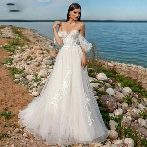 Strand Schatz Brautkleider Für Frauen 2023 Braut Moderne Spitze A-LinieAppliques Brautkleid Weg Von Der Schulter Robe De Mariée 