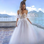 Hermoso vestido de novia con apliques de encaje, escote corazón, mangas cortas abullonadas, vestido de novia con cremallera en la espalda, cola de corte, vestidos de novia 