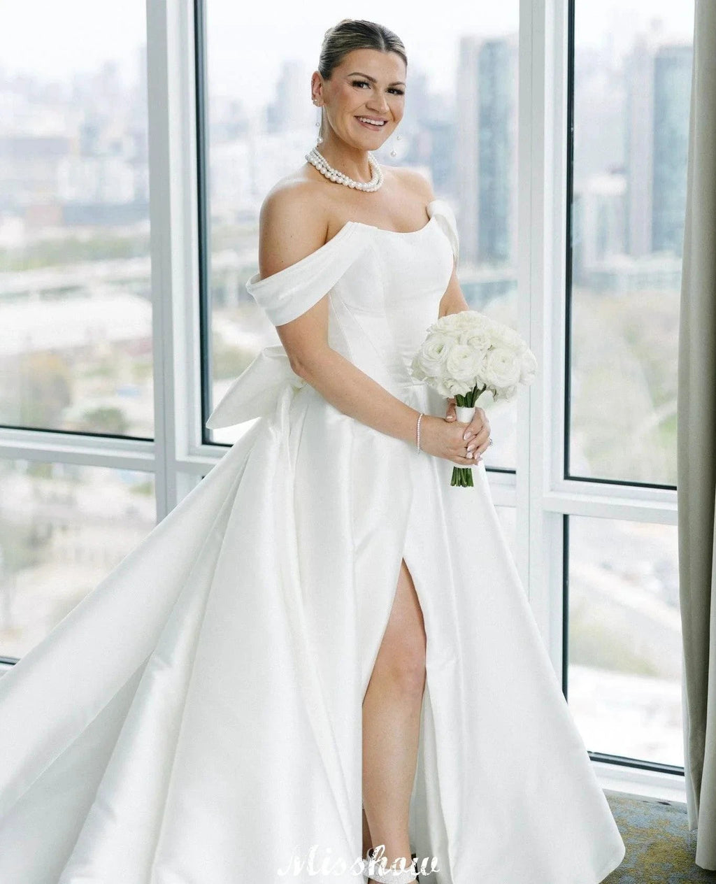 Beautiful A-Line Off-The-Shoulder Scoop Sleeveless Ruffles Satin Split Front White Wedding Dresses by misshow.com