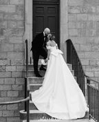 Beautiful A-Line Off-The-Shoulder Scoop Sleeveless Ruffles Satin Split Front White Wedding Dresses by misshow.com