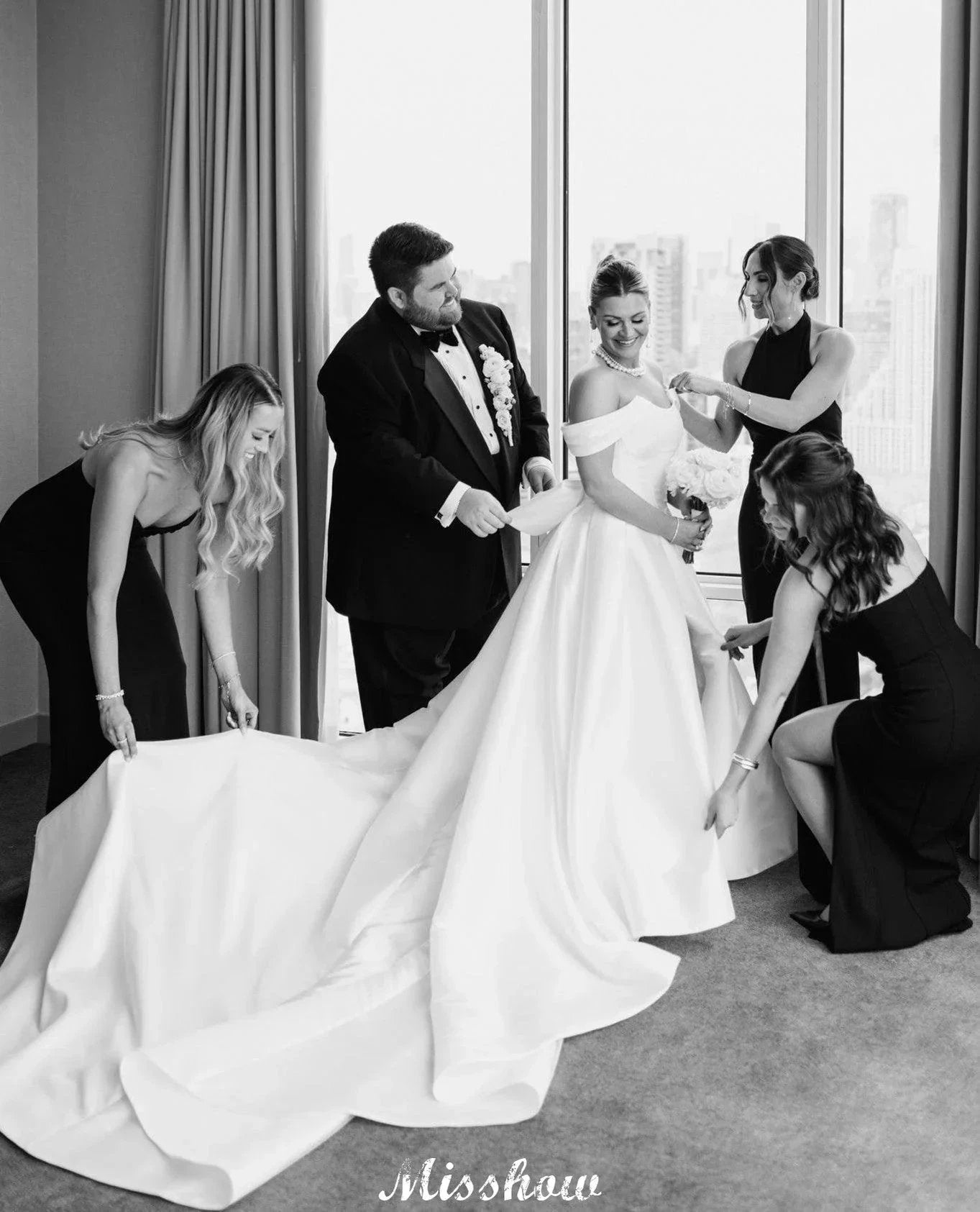 Beautiful A-Line Off-The-Shoulder Scoop Sleeveless Ruffles Satin Split Front White Wedding Dresses by misshow.com