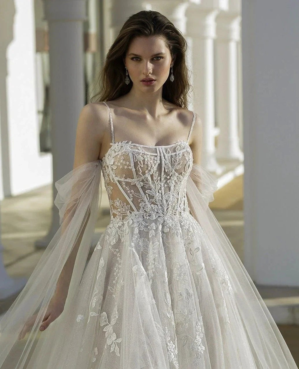 Beautiful A-Line Tulle Lace Spaghetti Straps Long Sleeve White Wedding Dresses With Appliques by misshow.com