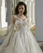 Beautiful A-Line Tulle Lace Spaghetti Straps Long Sleeve White Wedding Dresses With Appliques by misshow.com