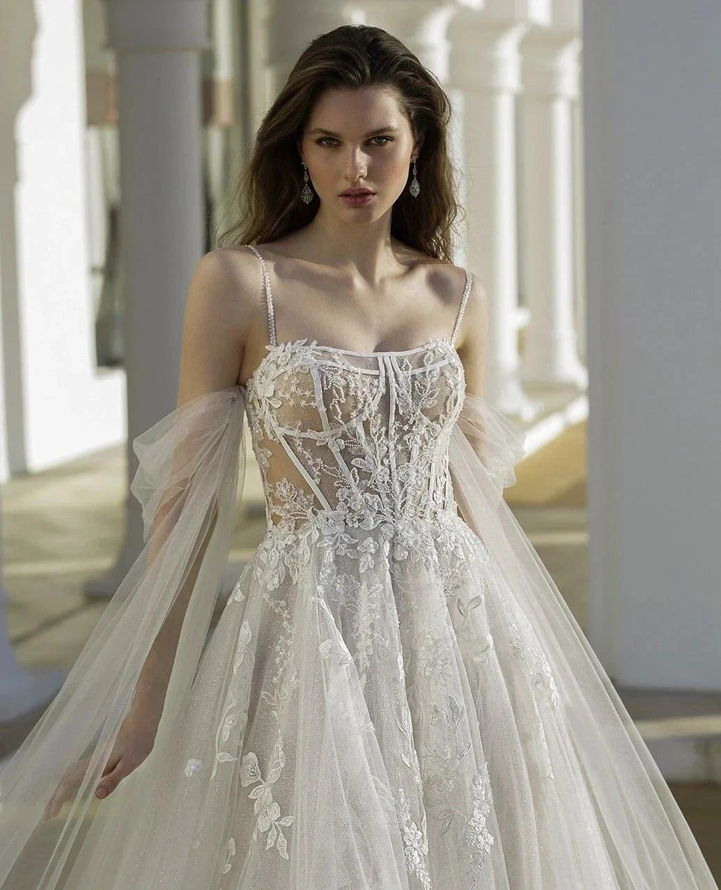 Beautiful A-Line Tulle Lace Spaghetti Straps Long Sleeve White Wedding Dresses With Appliques by misshow.com