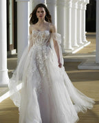 Beautiful A-Line Tulle Lace Spaghetti Straps Long Sleeve White Wedding Dresses With Appliques by misshow.com