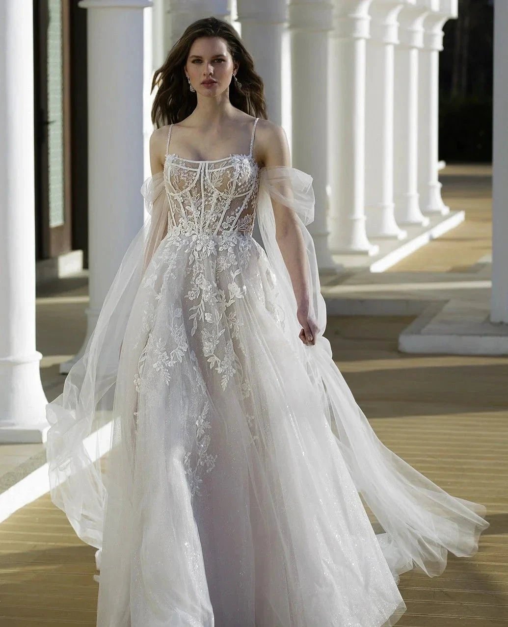 Beautiful A-Line Tulle Lace Spaghetti Straps Long Sleeve White Wedding Dresses With Appliques by misshow.com