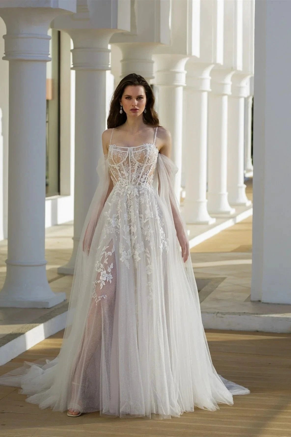 Beautiful A-Line Tulle Lace Spaghetti Straps Long Sleeve White Wedding Dresses With Appliques by misshow.com